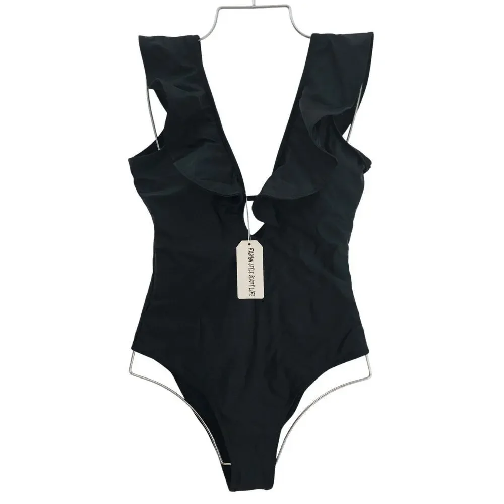 Nwt‎ Medium Black Ruffled One-piece Swimsuit